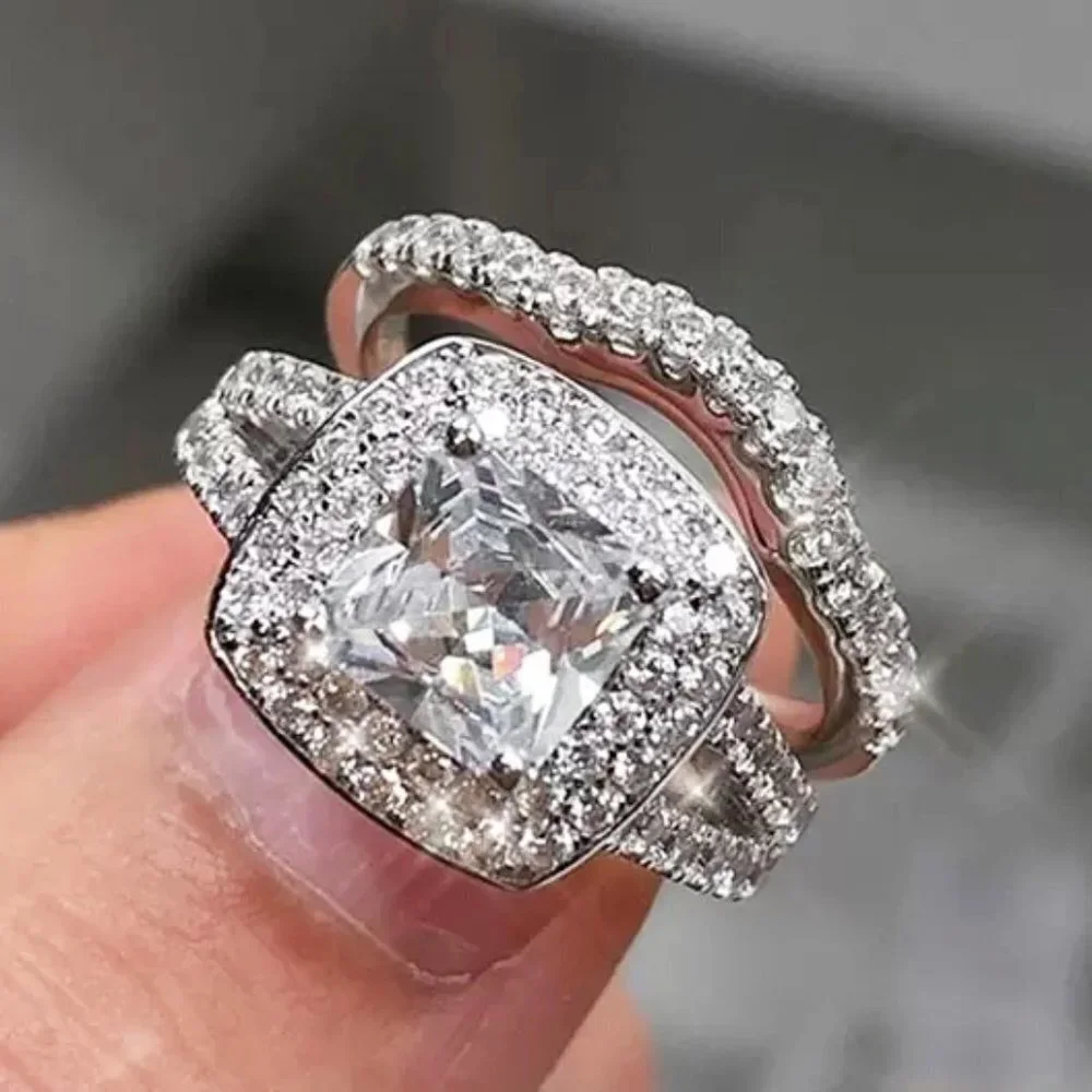 🌸Square Zircon Micro Pave 925 Sterling Silver Plated Wedding Ring Set,UNVN12176